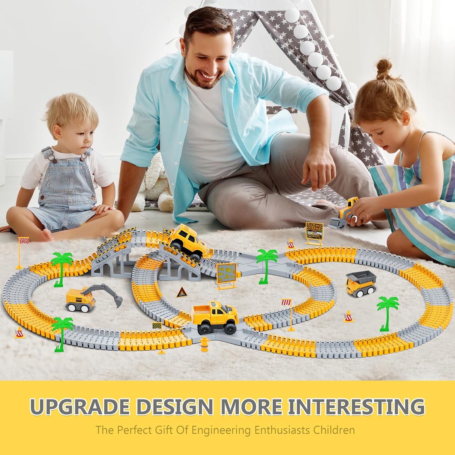 Kids Toys 253 PCS Construction Race Tracks Toy for 3 4 5 6 7 8 Year Old Boys Girls, 5 PCS Construction Truck Car and Flexible Track Play Set Create A Engineering Road Games Toddler Toys Birthday Gifts 24hrsmart